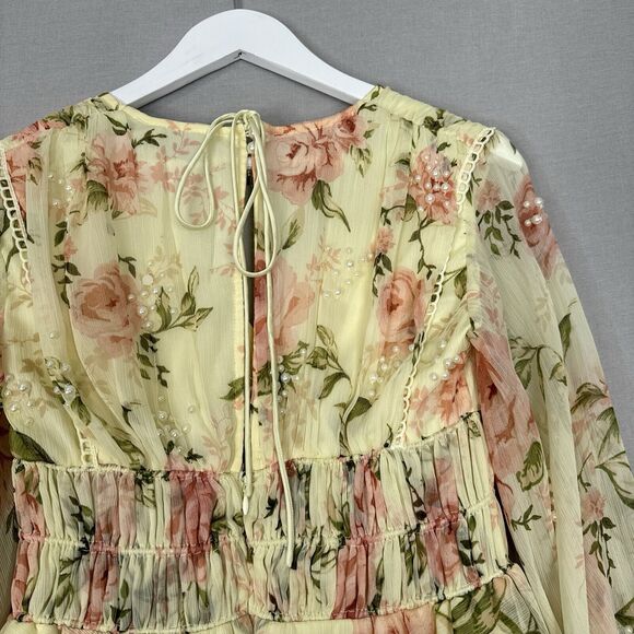 ASOS Design Womens Dress 4 Yellow Pearl Embellished Floral Tiered Fairy Boho - Picture 12 of 16